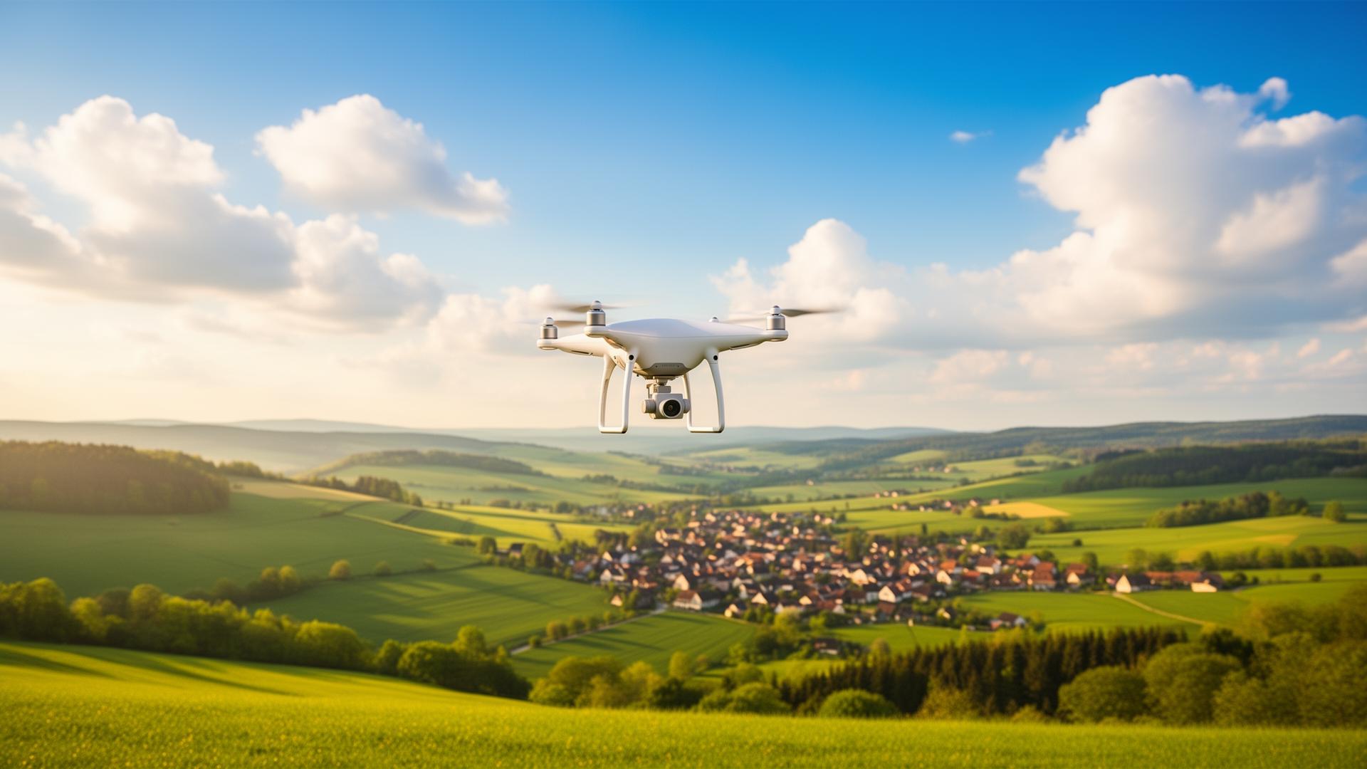 Drohne fliegt über grüner europäischer Landschaft bei goldenem Morgenlicht