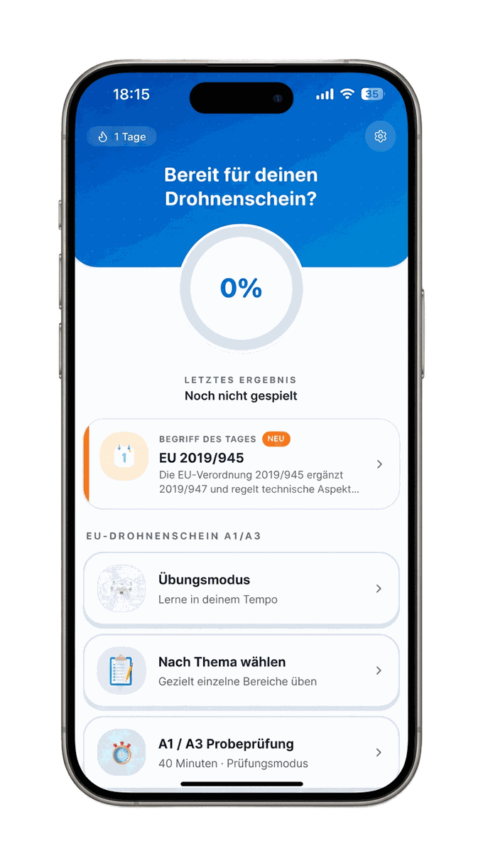 DroneAce App auf iPhone - Quizfrage zur Flughöhe